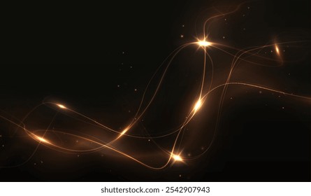 Gold curved light line, rope, tape. Smooth festive gold line png with light effects. Light golden Twirl png. Curve light effect of golden line. Garland gold.