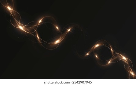 Gold curved light line, rope, tape. Smooth festive gold line png with light effects. Light golden Twirl png. Curve light effect of golden line. Garland gold.