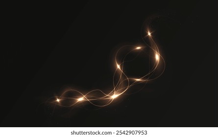 Gold curved light line, rope, tape. Smooth festive gold line png with light effects. Light golden Twirl png. Curve light effect of golden line. Garland gold.