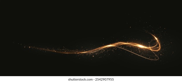 Gold curved light line, rope, tape. Smooth festive gold line png with light effects. Light golden Twirl png. Curve light effect of golden line. Garland gold.