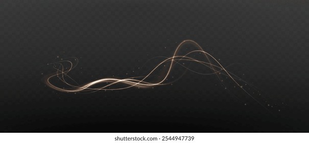 Gold curved light line, rope, tape. Smooth festive gold line png with light effects. Light golden Twirl png. Curve light effect of golden line. Luminous golden spiral png.	
