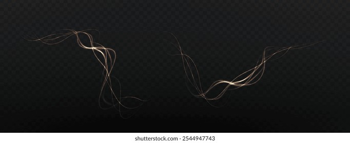 Gold curved light line, rope, tape. Smooth festive gold line png with light effects. Light golden Twirl png. Curve light effect of golden line. Luminous golden spiral png.	
