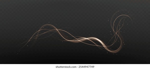 Gold curved light line, rope, tape. Smooth festive gold line png with light effects. Light golden Twirl png. Curve light effect of golden line. Luminous golden spiral png.	
