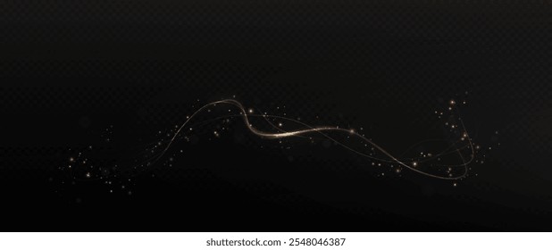 Gold curved light line, rope, tape. Smooth festive gold line png with light effects. Light gold Twirl png. Curve light effect of line.	