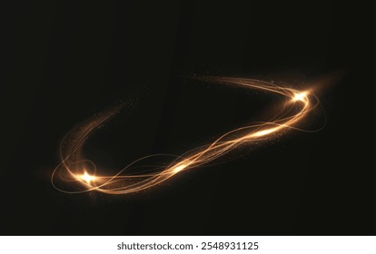 Gold curved light line, rope, tape. Smooth festive gold line png with light effects. Light golden Twirl png. Curve light effect of golden line.