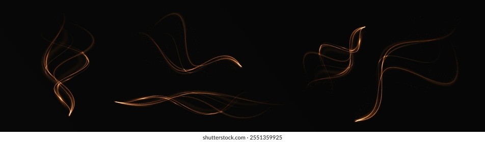 Gold curved light line, rope, tape. Smooth festive gold line png with light effects. Light golden Twirl png. Curve light effect of golden line.