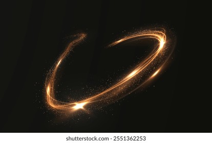 Gold curved light line, rope, spiral, tape. Smooth festive gold line png with light effects. Light golden Twirl png. Curve light effect of golden line.