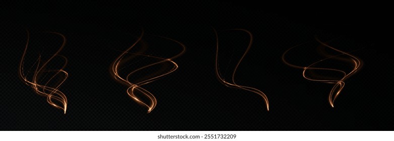 Gold curved light line, rope, spiral, tape. Smooth festive gold line png with light effects. Light golden Twirl png. Curve light effect of golden line.