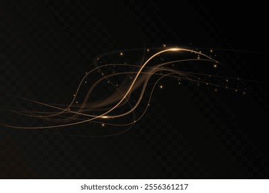 Gold curved light line, rope, tape. Smooth festive gold line png with light effects. Light golden Twirl png. Garland light gold.