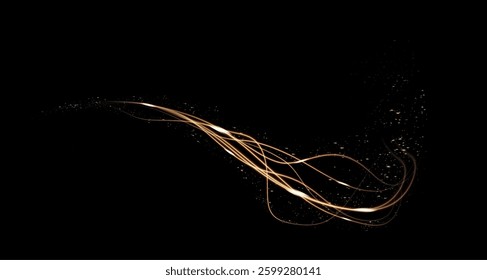 Gold curved light line, rope, ribbon. Smooth festive gold line png with light effects. Light golden swirl png. Curved golden line with light effect. Garland gold.