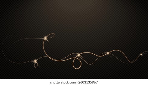 Gold curved light line, rope, ribbon. Smooth festive gold line png with light effects. Light golden swirl png. Curved golden line with light effect. Garland gold. PNG