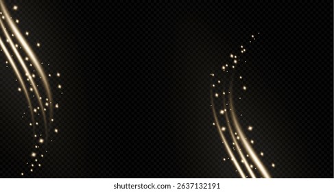 Gold curved light line, rope, ribbon. Smooth festive gold line png with light effects. Light golden swirl png. Curved golden line with light effect. Garland gold. PNG