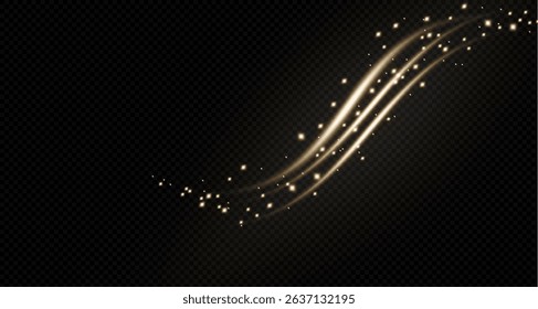 Gold curved light line, rope, ribbon. Smooth festive gold line png with light effects. Light golden swirl png. Curved golden line with light effect. Garland gold. PNG