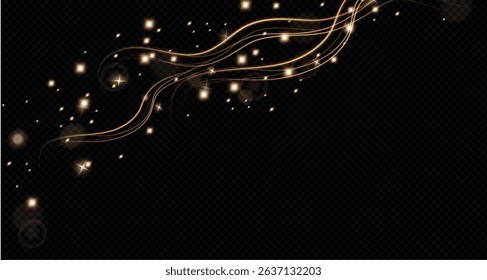 Gold curved light line, rope, ribbon. Smooth festive gold line png with light effects. Light golden swirl png. Curved golden line with light effect. Garland gold. PNG