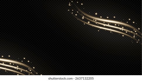 Gold curved light line, rope, ribbon. Smooth festive gold line png with light effects. Light golden swirl png. Curved golden line with light effect. Garland gold. PNG