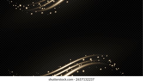 Gold curved light line, rope, ribbon. Smooth festive gold line png with light effects. Light golden swirl png. Curved golden line with light effect. Garland gold. PNG