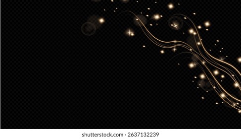 Gold curved light line, rope, ribbon. Smooth festive gold line png with light effects. Light golden swirl png. Curved golden line with light effect. Garland gold. PNG