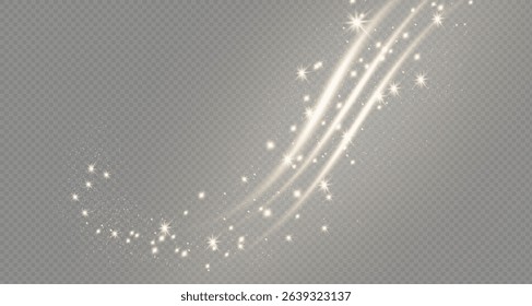 Gold curved light line, rope, ribbon. Smooth festive gold line png with light effects. Light golden swirl png. Curved golden line with light effect. Garland gold. PNG