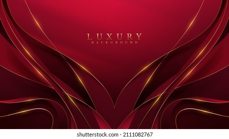 Gold curved lines on red luxury background with glitter light effects decorations.