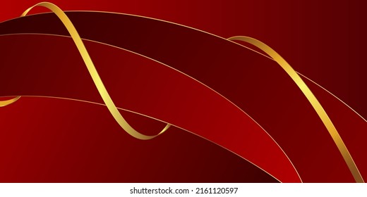 Gold curved lines on red luxury background with glitter light effects decorations. vector illustration background