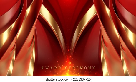 Gold curved lines on red luxury background with glitter light effects decorations. Award ceremony scene design.