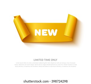 Gold curved paper ribbon banner with paper rolls and inscription NEW isolated on white background. Realistic vector gold yellow paper ribbon with space for message