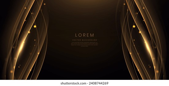 Gold curved ribbon on black background with lighting effect and sparkle with copy space for text. Luxury design style. Vector illustration