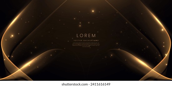 Gold curved ribbon on black background with lighting effect and sparkle with copy space for text. Luxury design style. Vector illustration