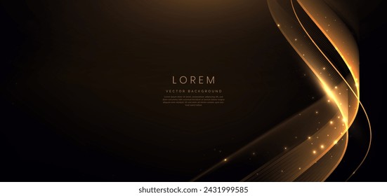 Gold curved ribbon on black background with lighting effect and sparkle with copy space for text. Luxury design style. Vector illustration