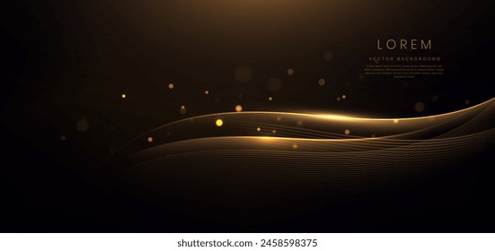 Gold curved ribbon on black background with lighting effect and sparkle with copy space for text. Luxury design style. Vector illustration