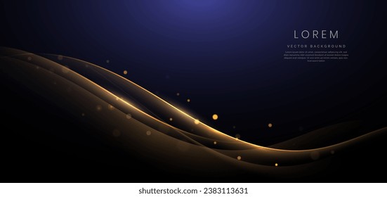 Cinta curvada dorada sobre fondo azul oscuro con efecto de iluminación y brillo con espacio de copia para texto. Diseño de lujo. Ilustración del vector