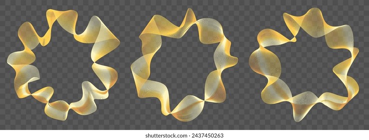 Gold curved rings line pattern. Luxury digital technology wavy shapes. Round light flowing sphere. Striped cycle simple dynamic music waves.