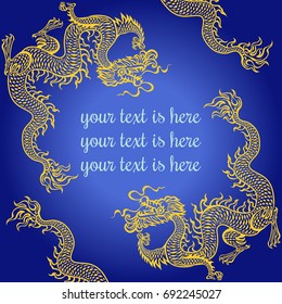 Gold curving Chinese dragon at blue background; RGB EPS 10 vector illustration