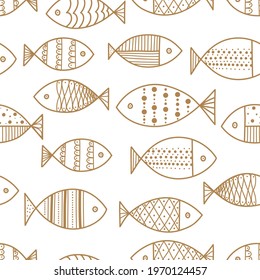  Gold cute fish.  Kids line background. Seamless pattern. Can be used in textile industry, paper, background, scrapbooking.