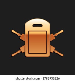 Gold Cutting board and rolling pins icon isolated on black background. Kitchen utensils and equipment. Long shadow style. Vector