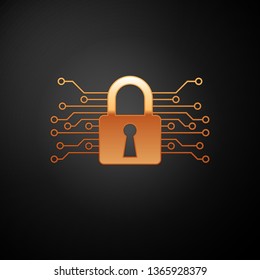 Gold Cyber security icon isolated on black background. Closed padlock on digital circuit board. Safety concept. Digital data protection. Vector Illustration