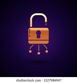 Gold Cyber security icon isolated on dark blue background. Closed padlock on digital circuit board. Safety concept. Digital data protection.  Vector Illustration