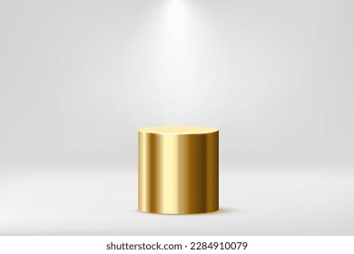 Ilustración vectorial del podio del cilindro de oro. pedestal de plataforma dorada 3D realista y vacío para la visualización de productos en la sala de exposición, luz suave de la luz de foco de la luz redonda de la base de estudio desde arriba.