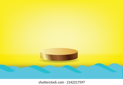 Gold Cylindrical Plinth. Abstract Pastel Yellow Minimalist Wall Scene On The Blue Foreground. Vector Renders 3D Geometric Shapes For Product Presentations,advertising.