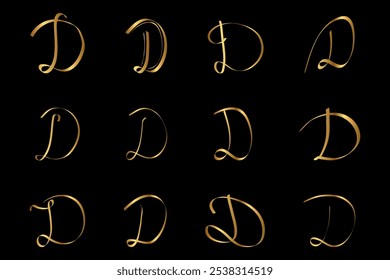 Gold D Letter Initial Cursive Hand Written Calligraphic Alphabet Set for Logo Brand