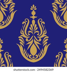 Gold damask floral seamless pattern, Damask vintage pattern design, Victorian Vintage seamless, luxury Damask, on darkbule background