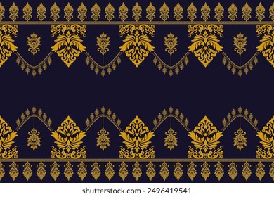 Gold Damask floral seamless pattern, Damask vintage pattern design, Victorian Vintage seamless, luxury Damask, on Navy-blue background.