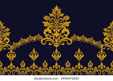 Gold Damask floral seamless pattern, Damask vintage pattern design, Victorian Vintage seamless, luxury Damask, on Navy-blue background.vector, illustration.