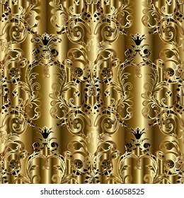 Gold damask floral seamless pattern. Golden flourish background wallpaper illustration with vintage 3d flowers, leaves and antique ornaments in Baroque Victorian style. Surface vector texture.
