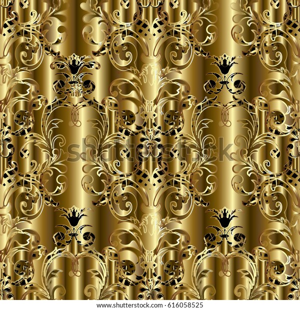 Gold damask floral seamless pattern. Golden flourish background wallpaper illustration with vintage 3d flowers, leaves and antique ornaments in Baroque Victorian style. Surface vector texture.