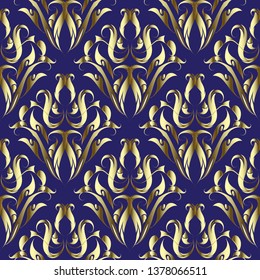Gold Damask floral vector seamless pattern. Ornamental elegance dark blue background. Golden vintage flowers, leaves, swirls, lines, shapes. Hand drawn ornament. Decorative design for wallpaper, print