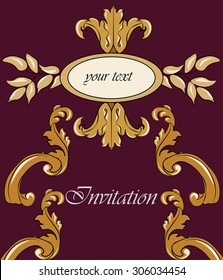 Gold damask ornament invitation or card. Vector