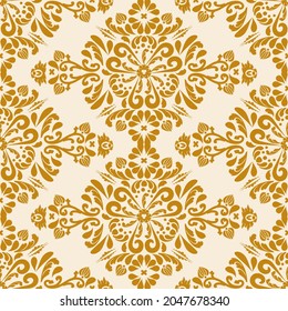 Gold damask ornament seamless pattern. Rich pattern oriental background. Gold, beige. Decorative texture. Mehndi patterns. For fabric, wallpaper, venetian pattern,textile, packaging.