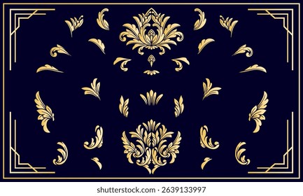 Gold damask ornamental baroque border frame flourish with corner, swirl, scroll, art deco element