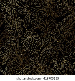 Gold damask ornaments. Floral hand draw doodle ornament. Page, web royal decoration on black background in vintage style. Vector illustration